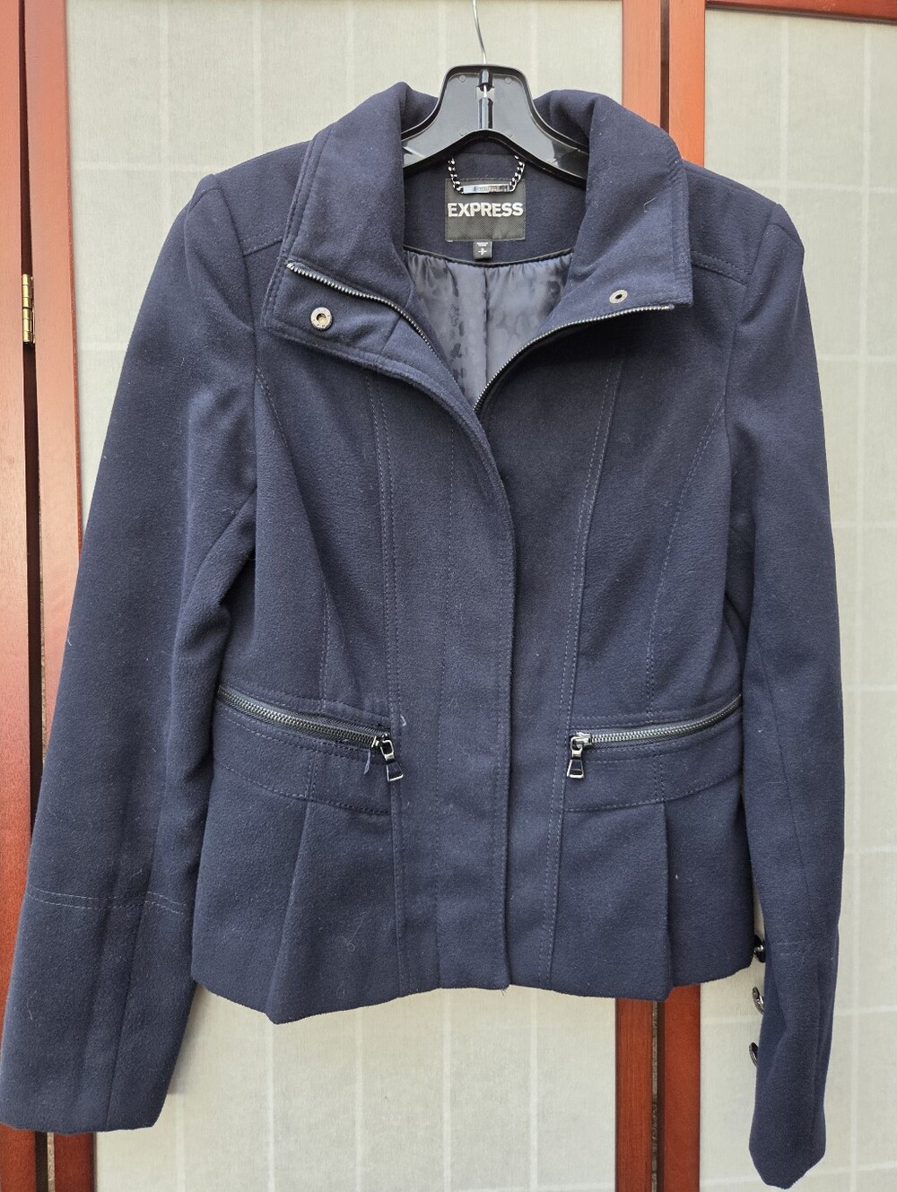 Express Navy Blue Utility Military Moto Jacket Peplum Dark Academia Preppy SM